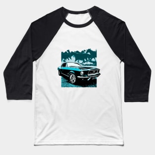 Blue 1968 Ford Mustang with Horses Baseball T-Shirt